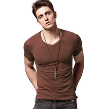 Load image into Gallery viewer, Tight cultivate one's morality t-shirts v-neck collar pure color T-shirt